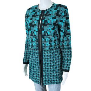 Ming Wang Cardigan Size S Turquoise Black Artsy Print Quiet Luxury Art-to-Wear